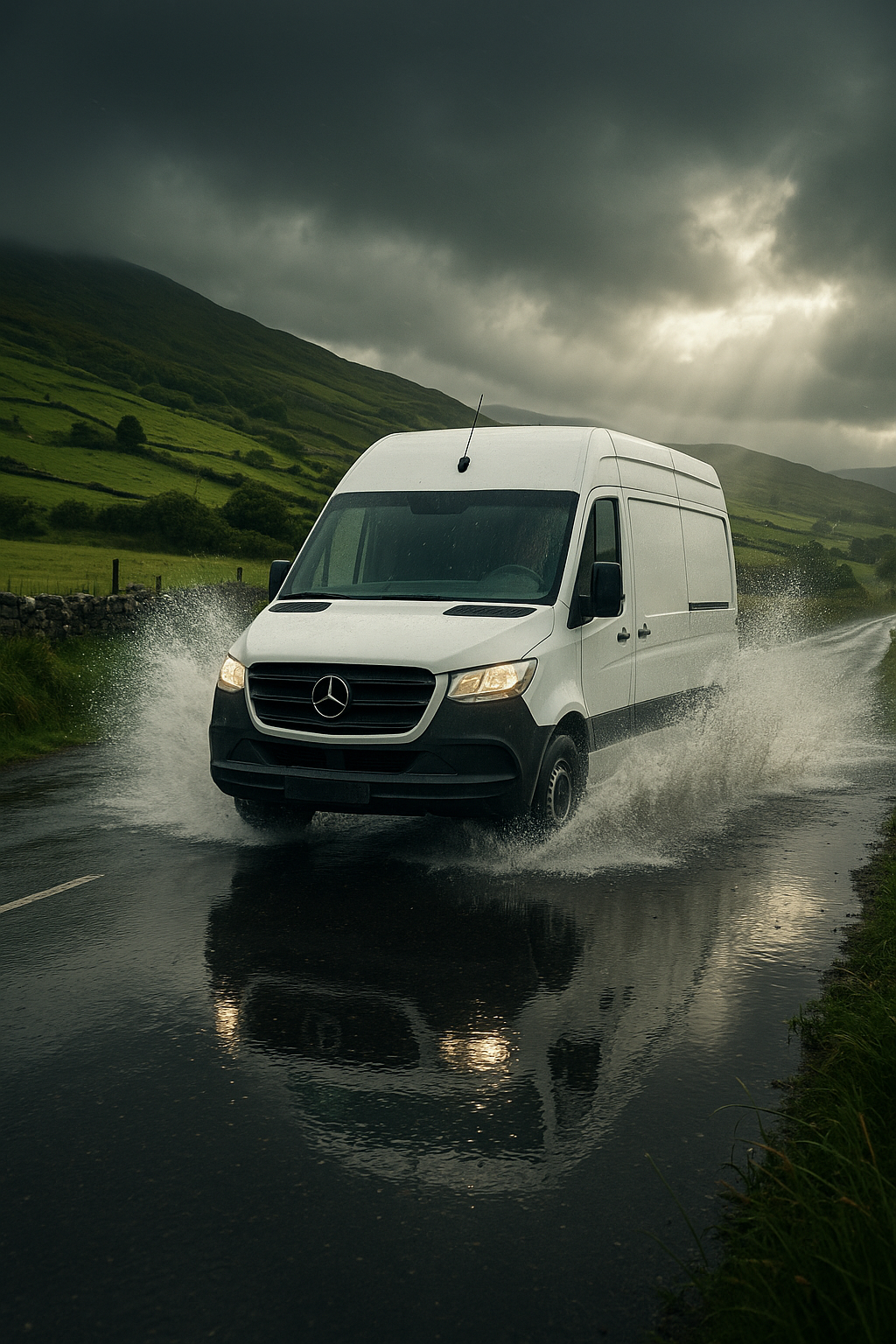 White van on Irish countryside road